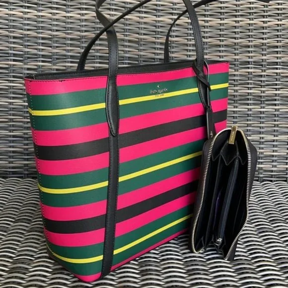 Kate Spade Wrapping Paper Large Tote Multi & Staci Wrapping Paper Stripes Wallet - Picture 3 of 16
